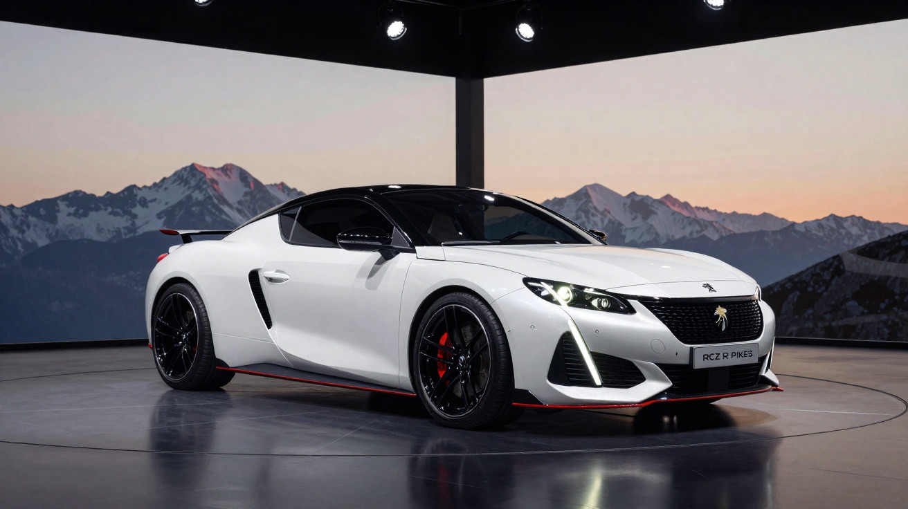 Carro esportivo branco Peugeot RCZ R Pikes exibido em estúdio com cenário de montanhas ao fundo.