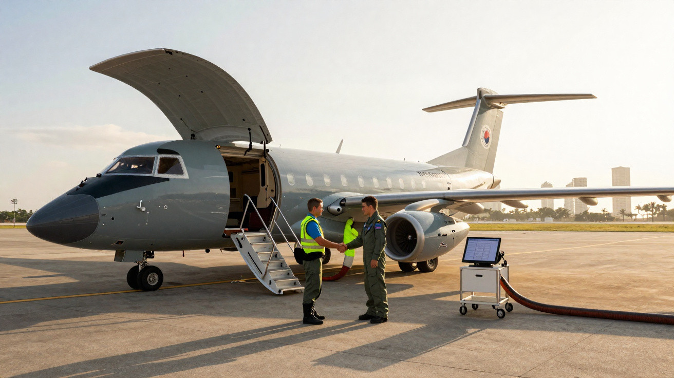 Dois homens em uniforme apertam as mãos ao lado de avião militar cinza no aeroporto ao pôr do sol.