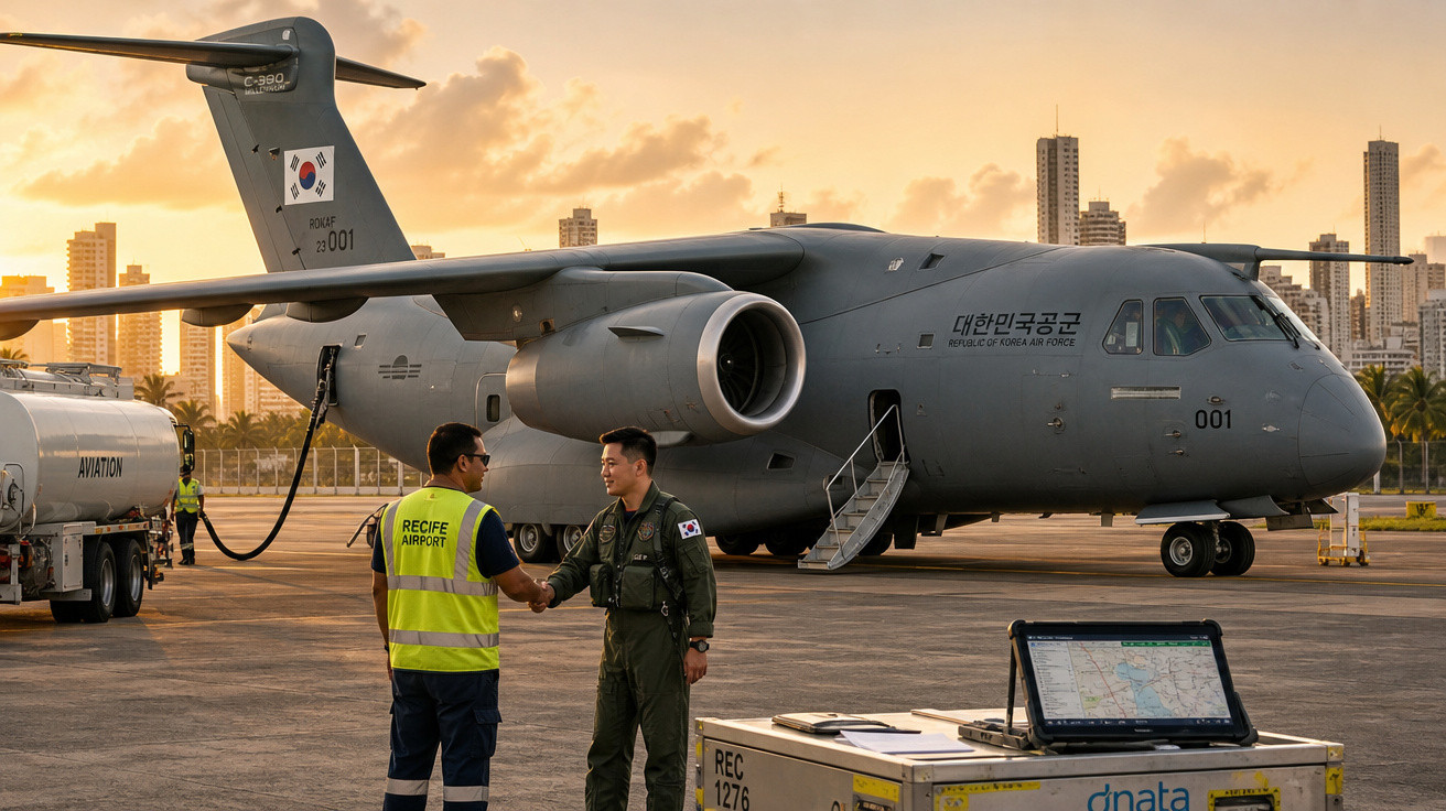 Avião militar da Coreia do Sul estacionado com dois homens apertando as mãos no aeroporto ao pôr do sol.