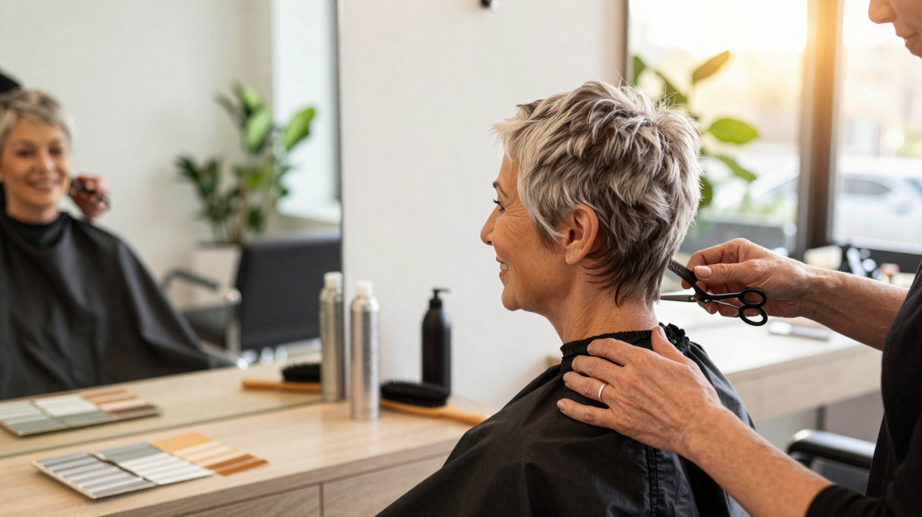 Mulher sorridente cortando cabelo curto em salão de beleza com profissional usando tesoura.