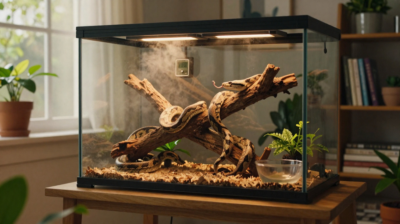 Terrário com serpente enrolada em troncos e plantas, em ambiente interno iluminado.
