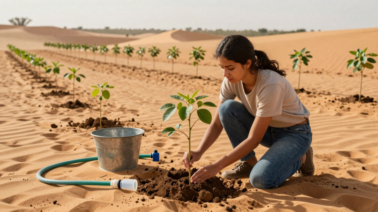 Jovem plantando muda em solo arenoso com regador e muitas mudas ao fundo em área desértica.