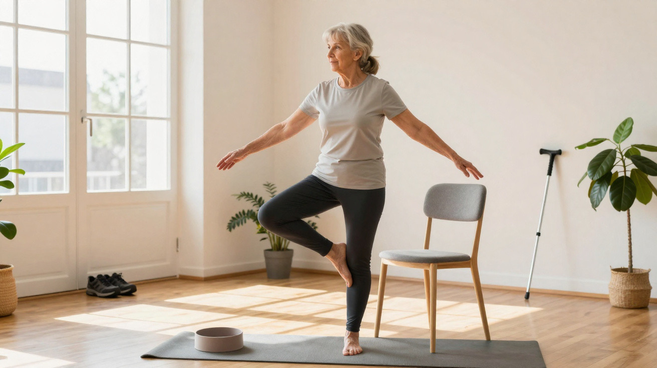 Mulher idosa fazendo exercício de equilíbrio em tapete de yoga, ao lado de cadeira e bengala.