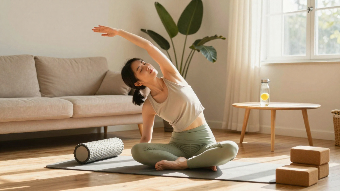 Mulher praticando alongamento sentada em tapete de yoga na sala iluminada, rodeada por acessórios de exercícios.