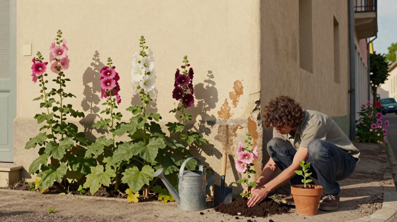 Pessoa cuidando de planta em vaso ao lado de flores coloridas próximas à parede de uma casa.