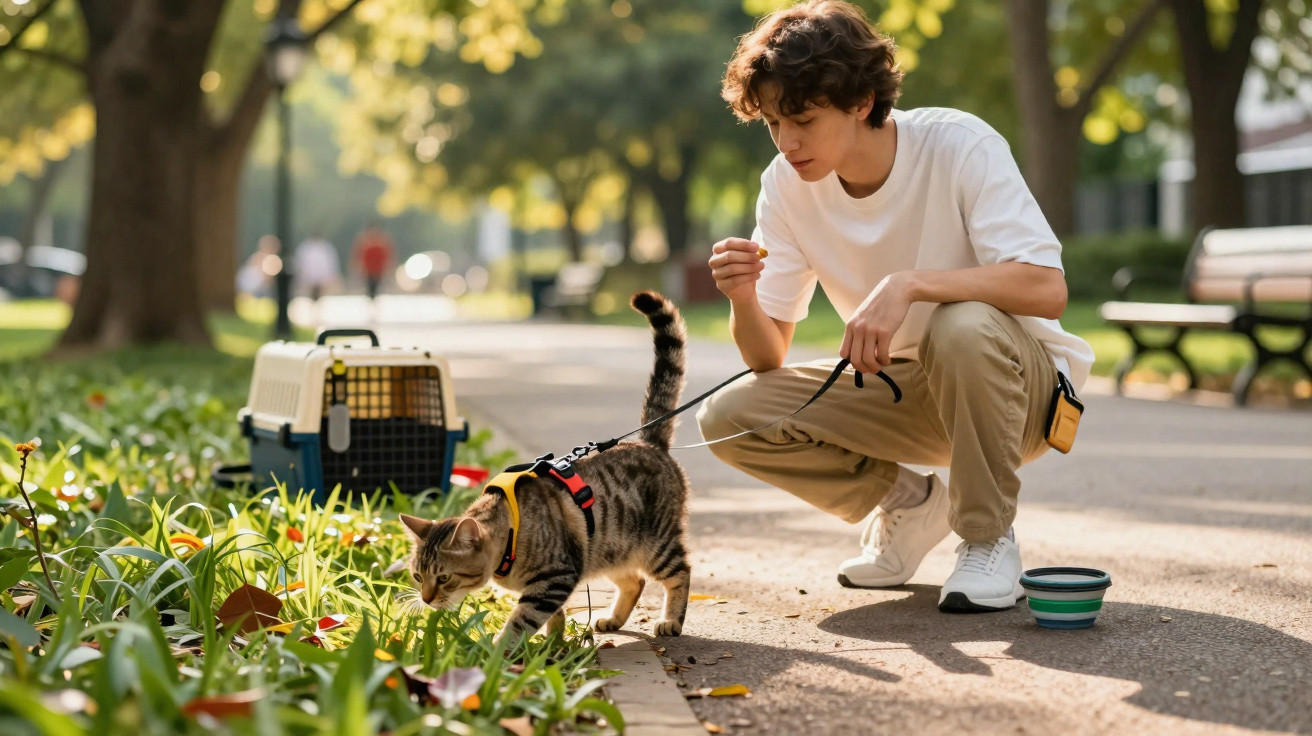 Jovem agachado com gato de coleira no parque, próximo a uma caixa de transporte e tigela.