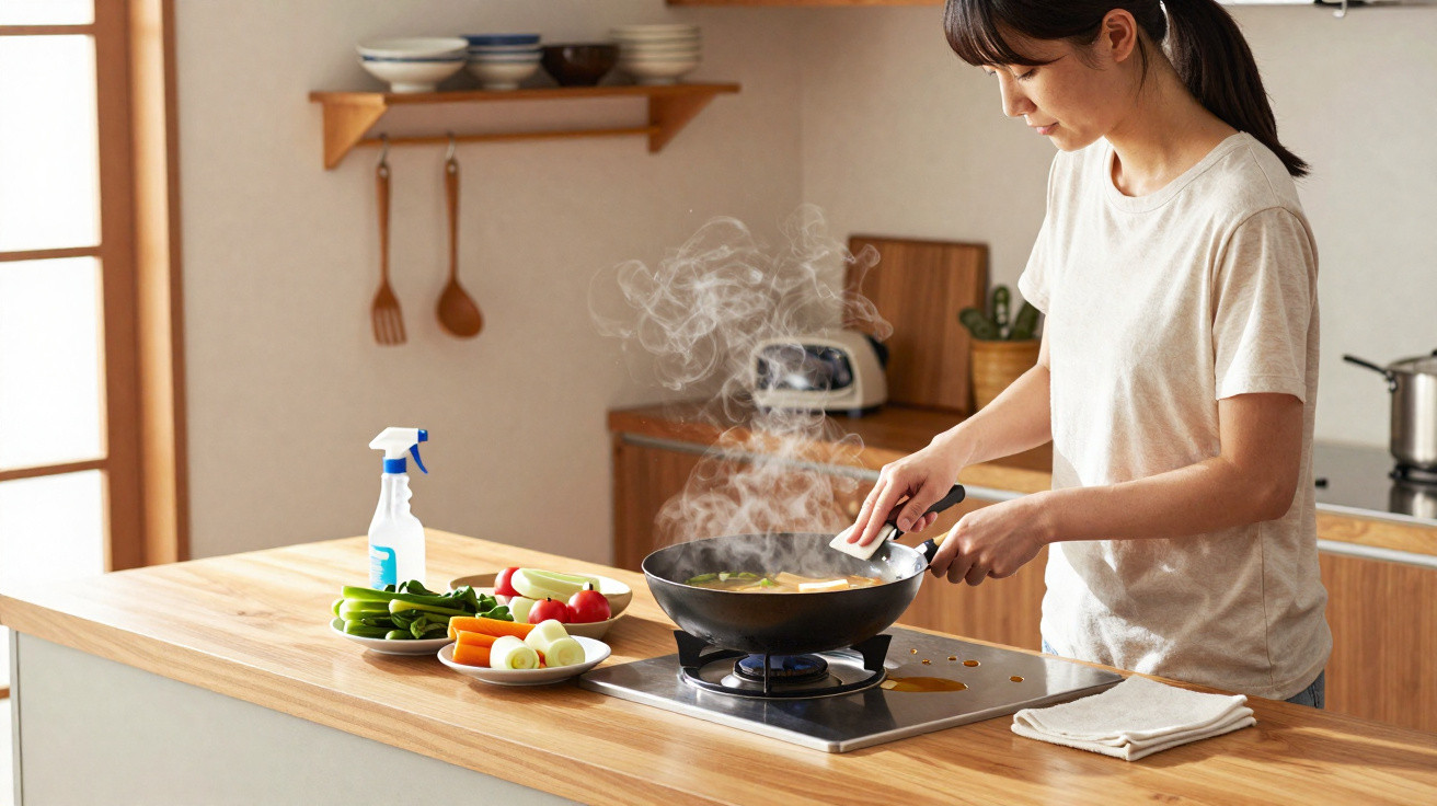 Mulher cozinhando sopa em frigideira com vapor na cozinha moderna, com legumes frescos na bancada.