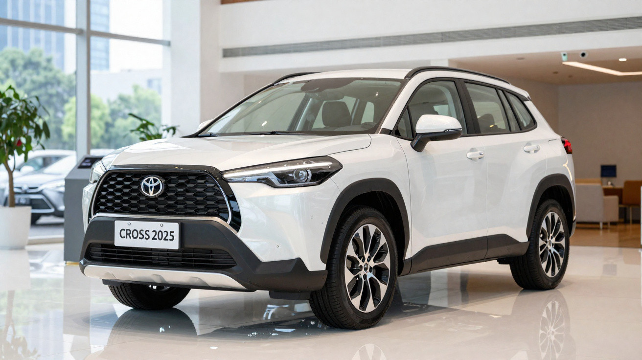SUV branco Toyota Cross 2025 estacionado em showroom iluminado, com design robusto e moderno.
