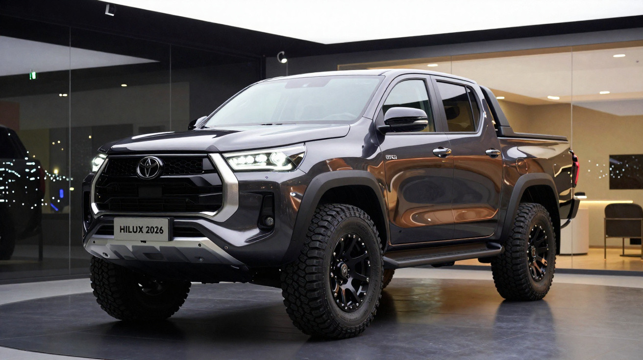 Picape Toyota Hilux 2026 cinza escuro exibida em showroom moderno com iluminação branca.