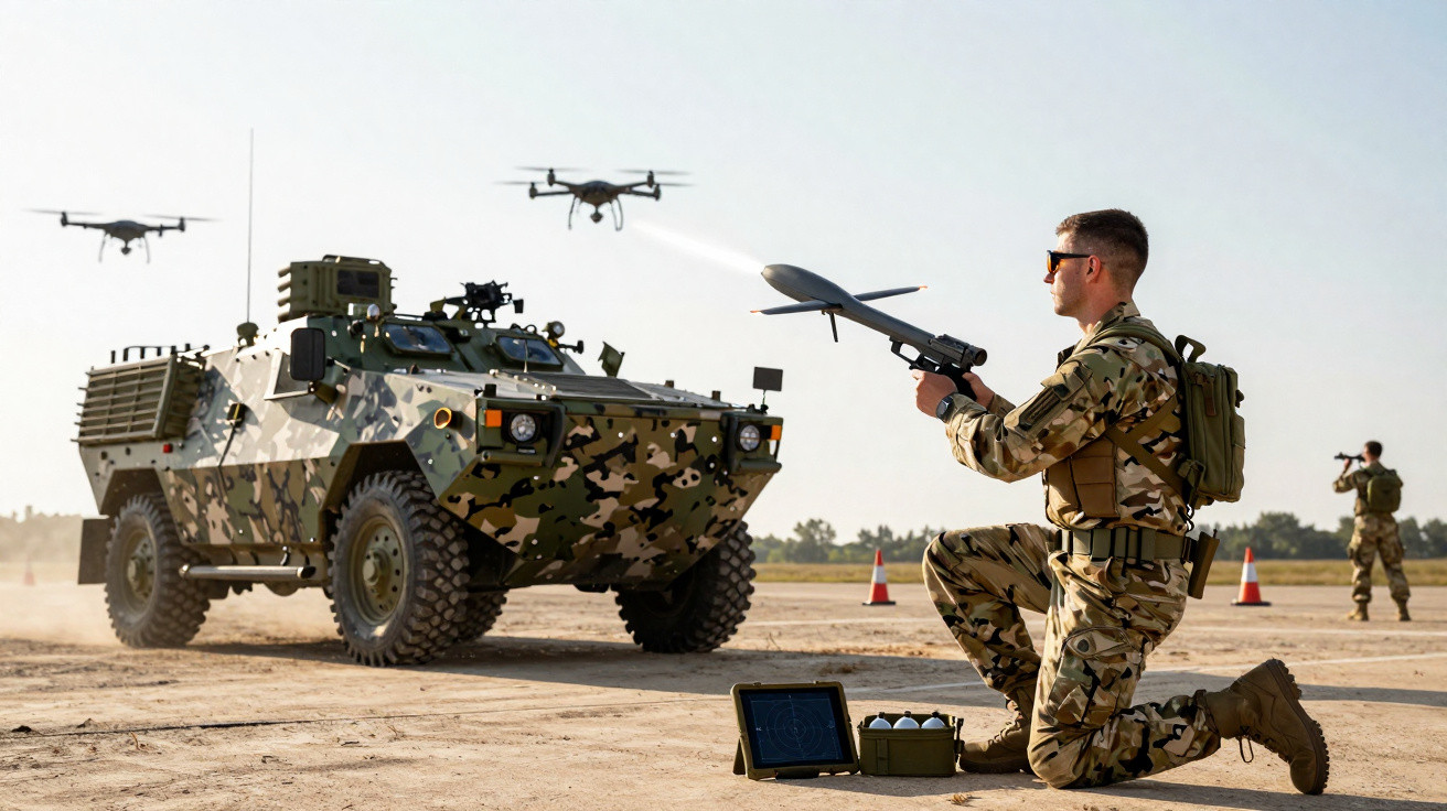 Soldado em uniforme militar ajoelhado com lançador de drone ao lado de veículo militar camuflado e dois drones voando.