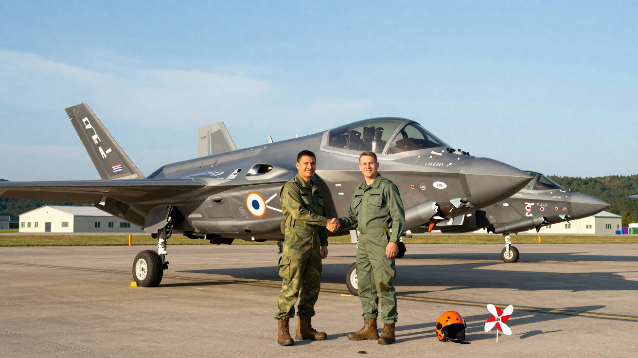 Dois pilotos militares apertando as mãos em frente a um caça cinza estacionado na pista de um aeroporto.