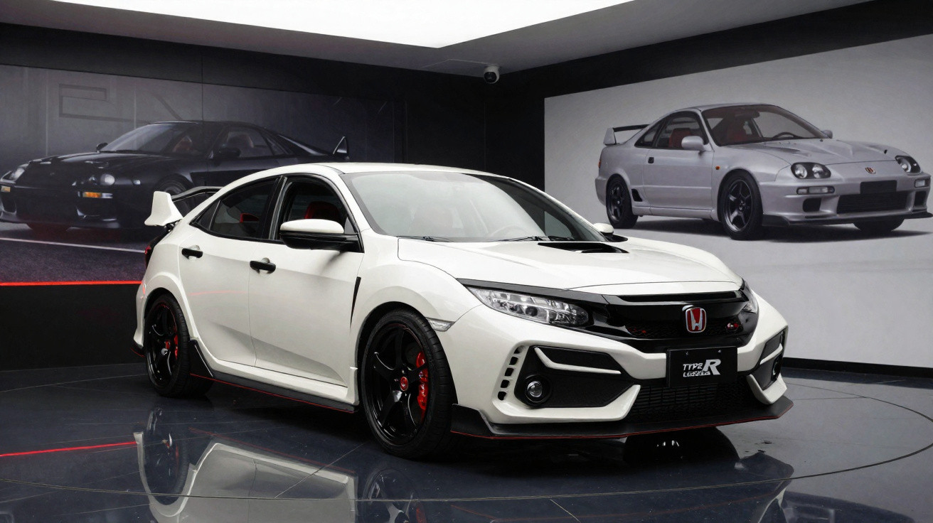 Honda Civic Type R branco estacionado em showroom com pôsteres de carros esportivos nas paredes.