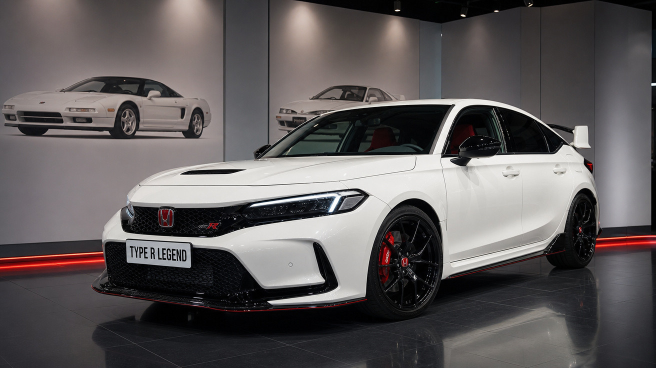 Carro esportivo branco Honda Type R Legend em exibição com paredes cinza e fotos de carros antigos ao fundo.