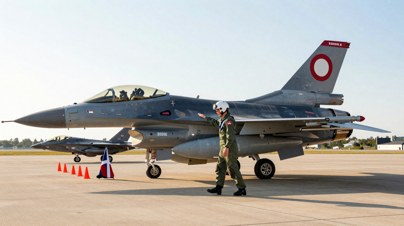 Caça F-16 da Força Aérea dinamarquesa com piloto uniformizado caminhando ao lado na pista.