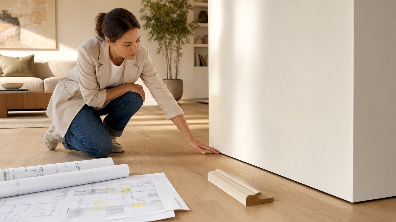 Mulher analisando rodapé próximo à parede com plantas e plantas decorativas ao fundo.