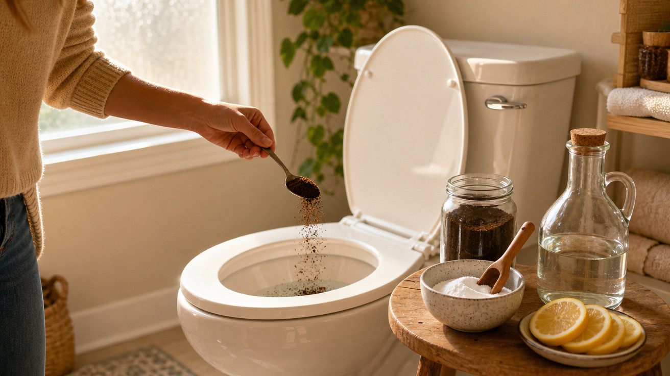 Pessoa despejando café moído no vaso sanitário, com itens naturais ao lado em ambiente iluminado.