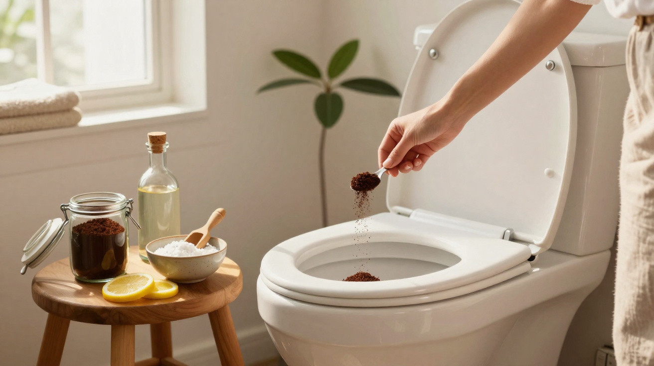 Pessoa despejando pó marrom no vaso sanitário, com itens naturais sobre banco ao lado em banheiro iluminado.