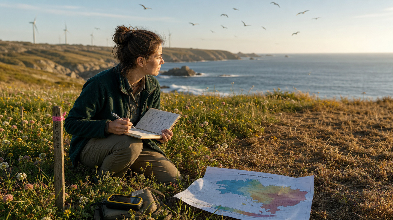Mulher sentada na praia escrevendo em caderno, com mapa e mar ao fundo ao pôr do sol.