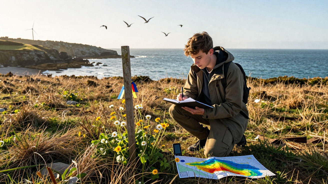 Jovem faz anotações em caderno perto do mar, com mapa colorido no chão e pássaros voando ao fundo.