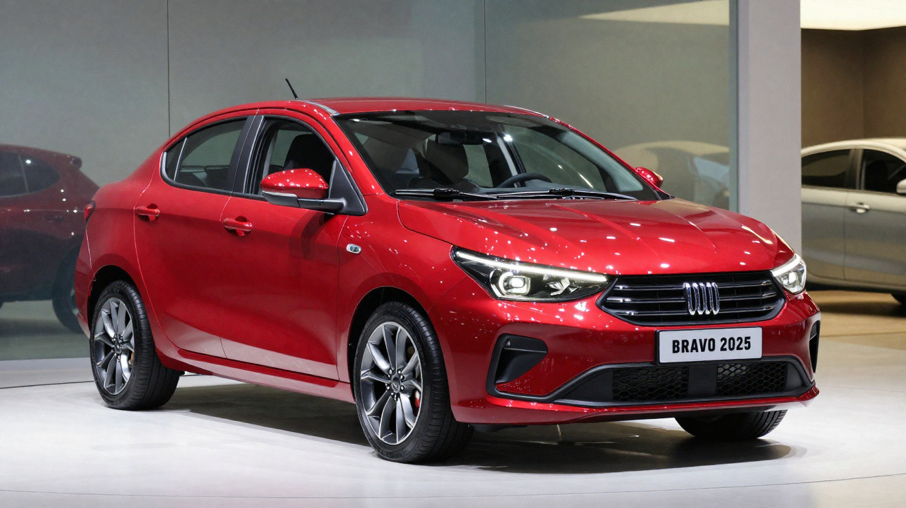 Carro sedan vermelho Fiat Bravo 2025 em exposição interna com luzes refletindo na lataria.