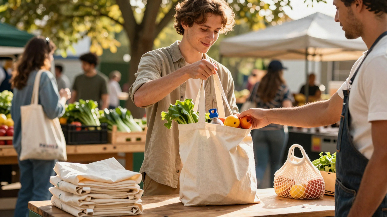 Jovem comprando frutas e legumes em sacola ecológica em feira ao ar livre com outras pessoas ao fundo.