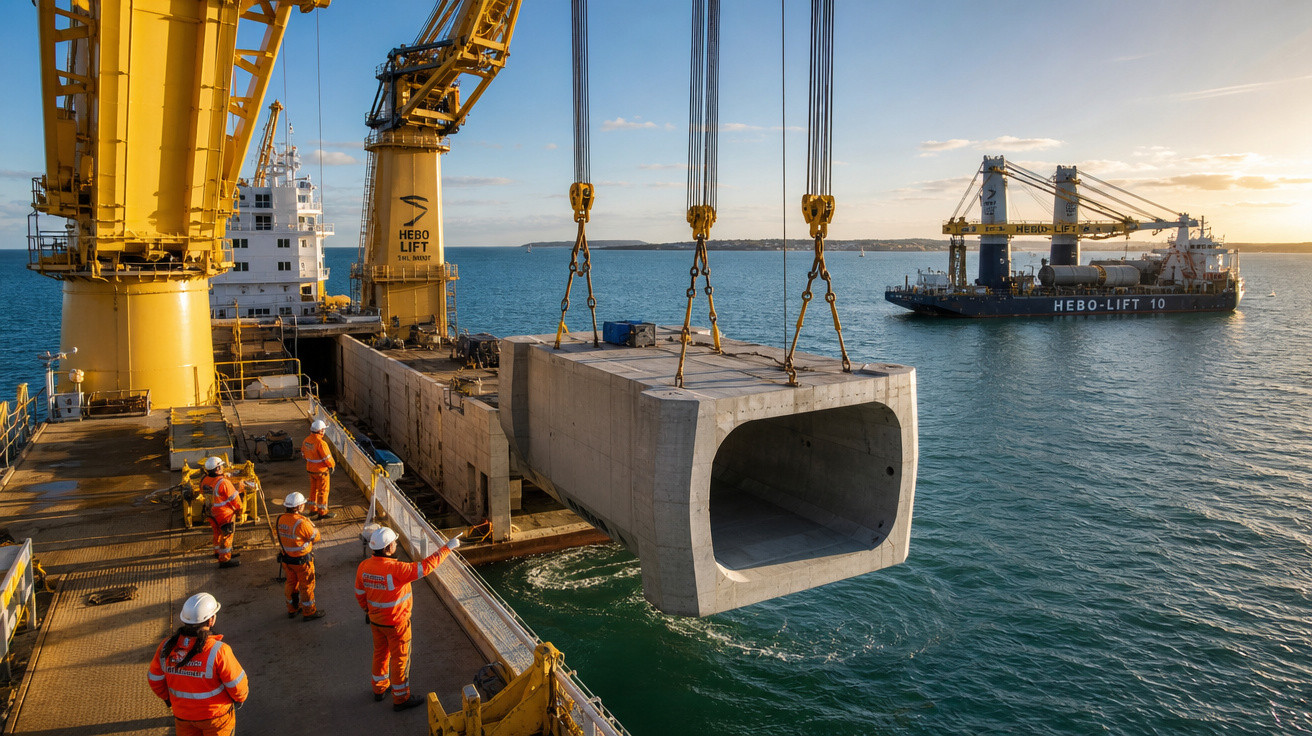Trabalhadores em coletes laranja operam guindaste que move concreto sobre navio próximo ao mar ao pôr do sol.