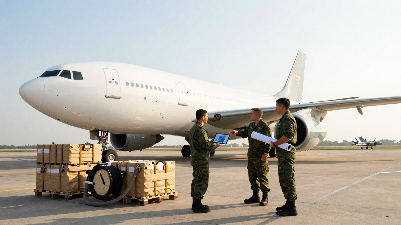 Três militares em uniforme verde conversam em frente a um avião branco estacionado no aeroporto.