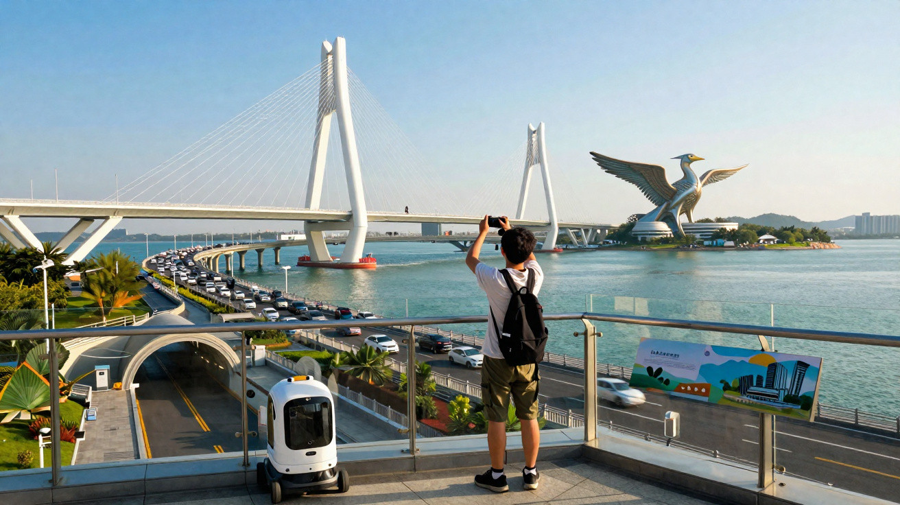 Pessoa tirando foto de ponte estaiada e escultura de pássaro gigante sobre o mar em dia ensolarado.