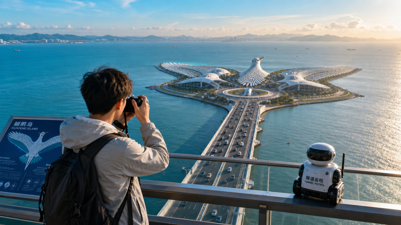 Pessoa fotografando a ponte que leva à ilha Kunpeng com edifício em forma de pássaro sobre o mar.