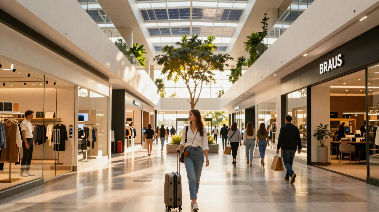 Mulher com mala puxando caminhada em shopping moderno com lojas e planta central iluminada pelo teto de vidro.