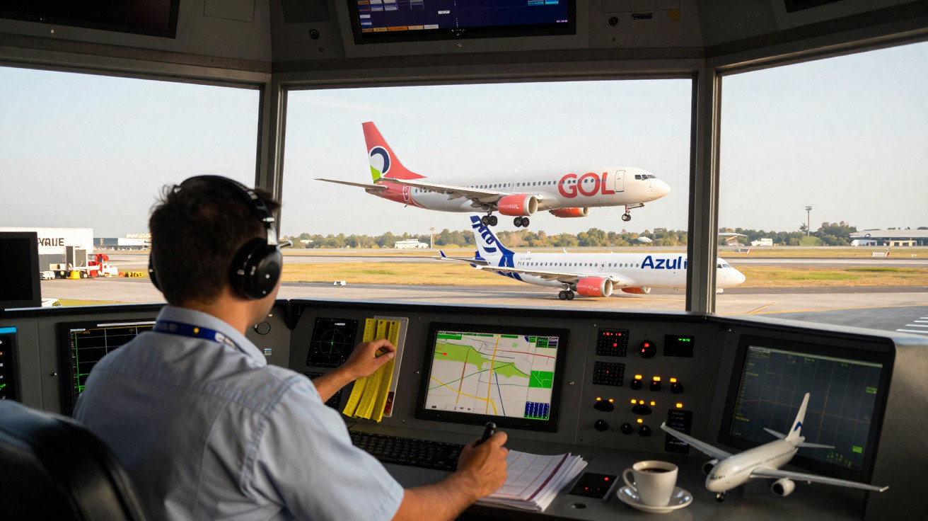 Controlador de tráfego aéreo observa aviões da Gol e Azul de dentro da torre no aeroporto.