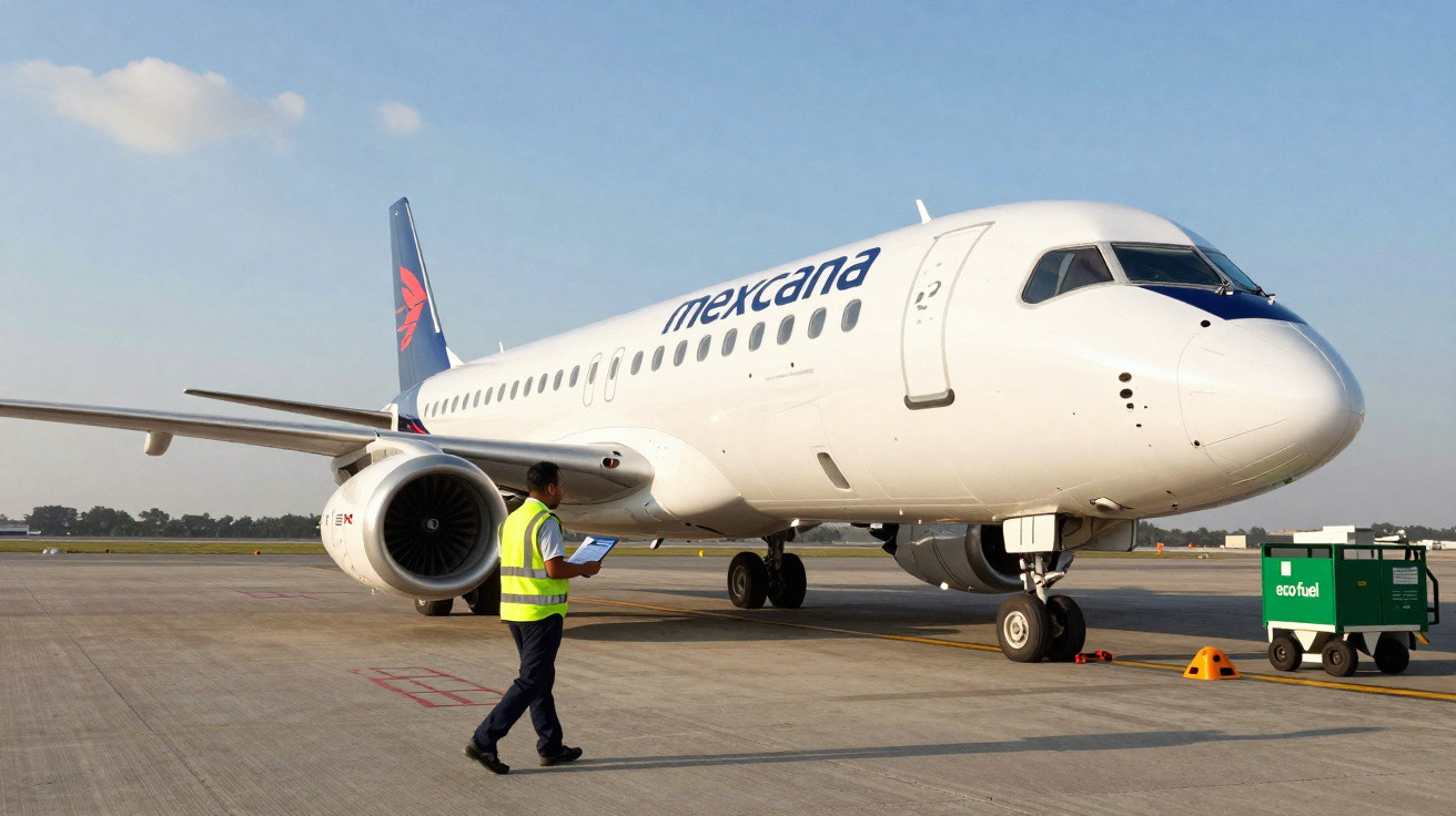 Avião da Mexicana no pátio do aeroporto com funcionário usando colete amarelo e equipamento ecofuel ao lado.