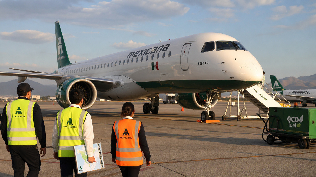 Funcionários da Mexicana se aproximam de avião no pátio do aeroporto ao entardecer.