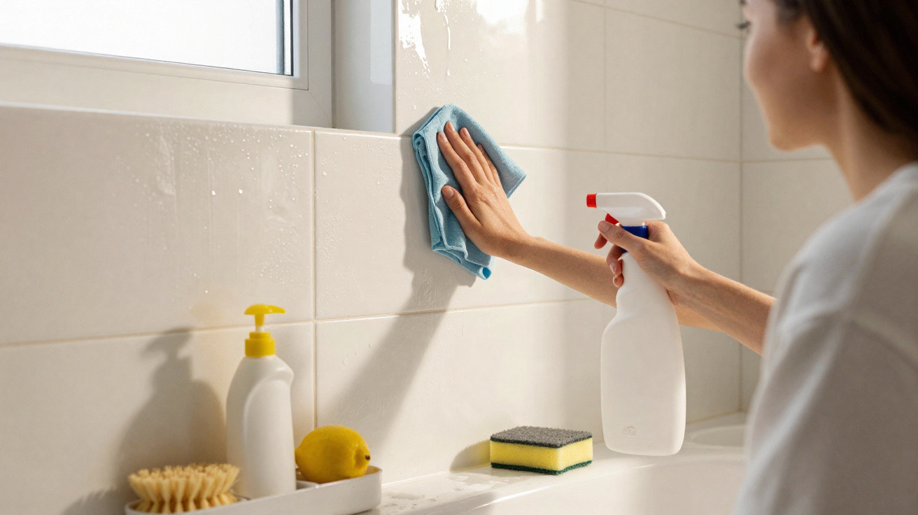 Pessoa limpando azulejos de banheiro com pano azul e spray de limpeza branco com tampa vermelha.