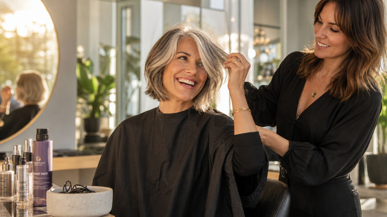 Mulher sorridente recebendo penteado de cabeleireira em salão moderno iluminado.