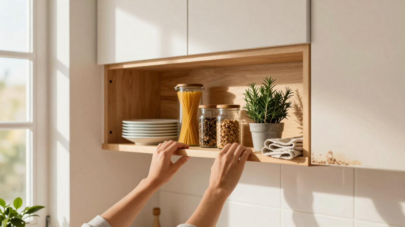 Mãos abrindo armário de cozinha com pratos, potes de comida e planta decorativa em ambiente iluminado.