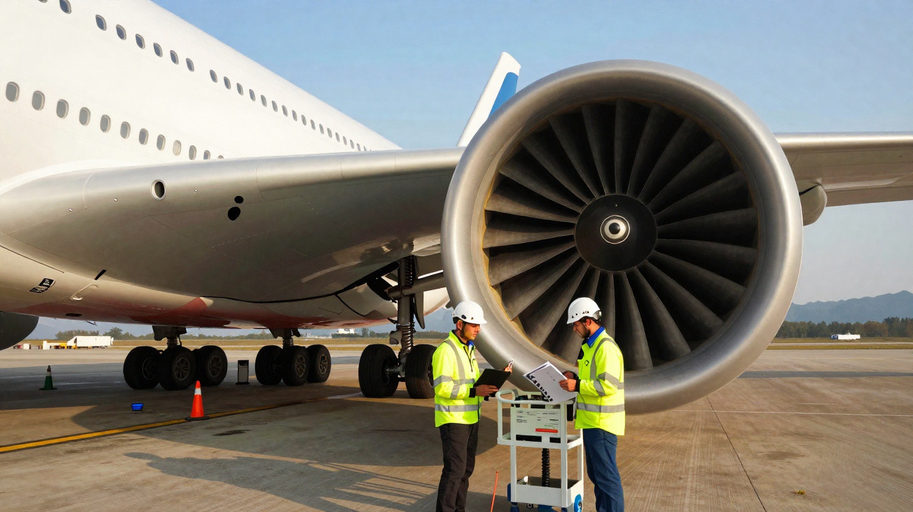 Técnicos em segurança revisando documentos ao lado do motor de um avião na pista de aeroporto.