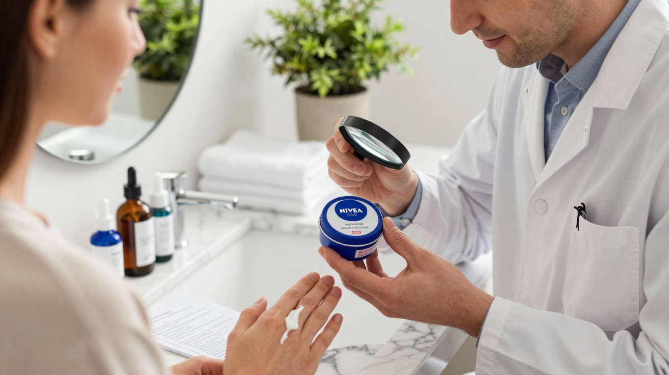Homem de jaleco analisa creme Nivea com lupa enquanto mulher aplica produto nas mãos em ambiente de clínica.