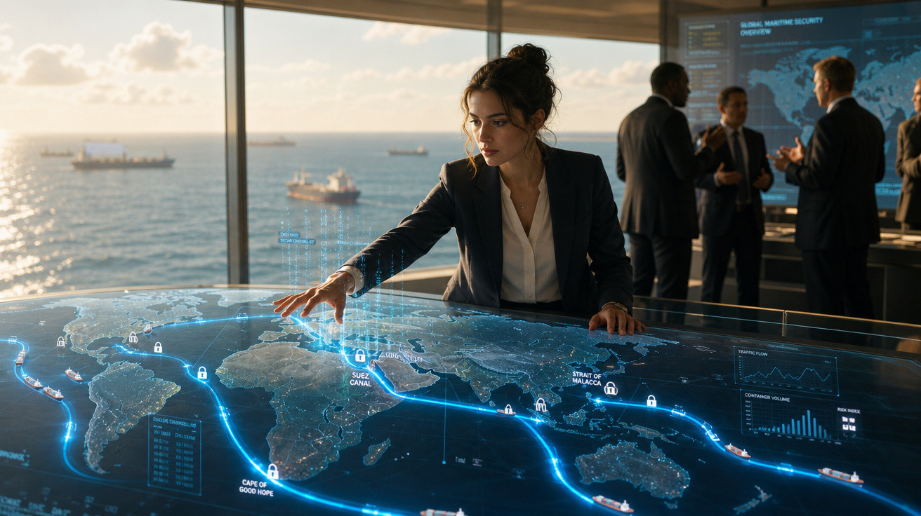 Mulher interage com mapa digital de rotas marítimas em sala com vista para o mar e homens em discussão ao fundo.
