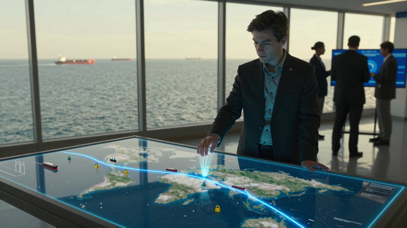 Homem interage com mesa digital de mapa marítimo em sala com vista para o mar e navios ao fundo.