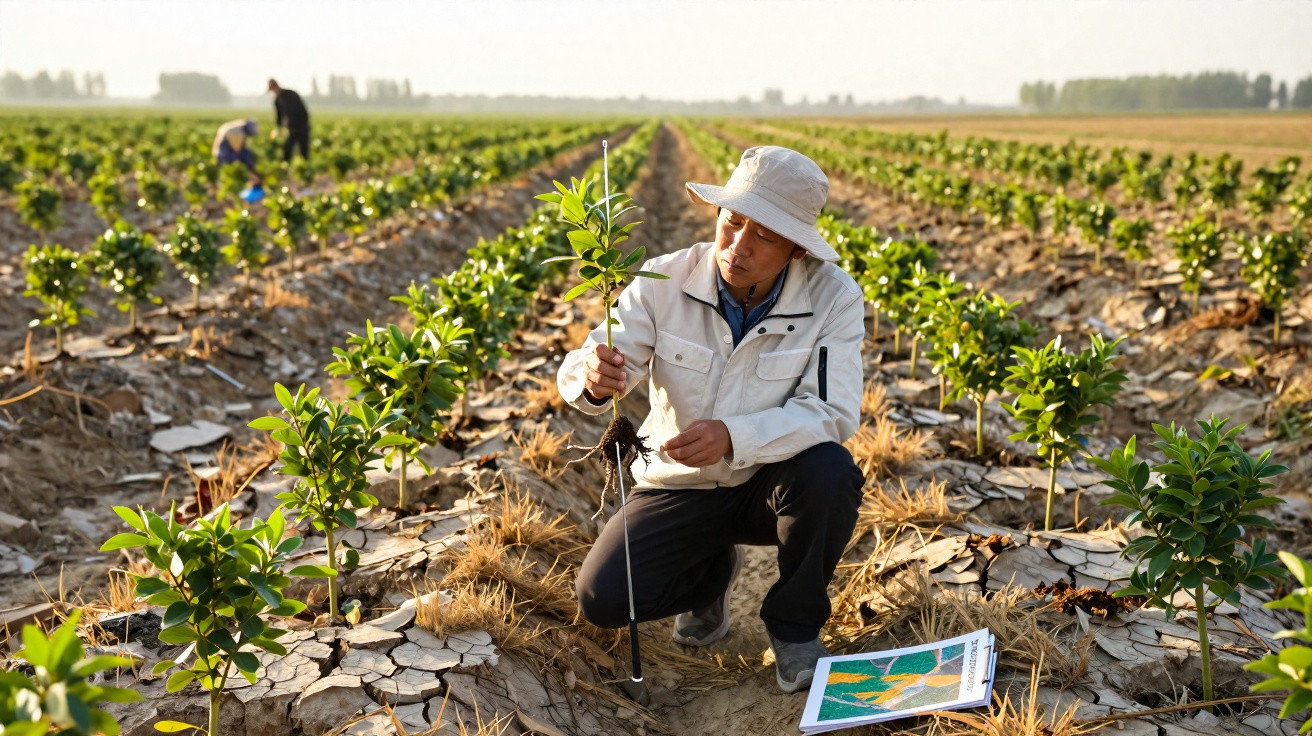 Agricultor analisando muda de planta em campo seco com livro aberto ao lado em dia ensolarado.
