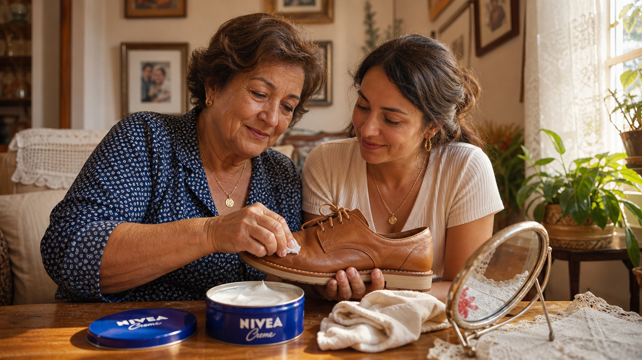 Mulher idosa e jovem limpando sapato de couro com creme Nivea em ambiente acolhedor.