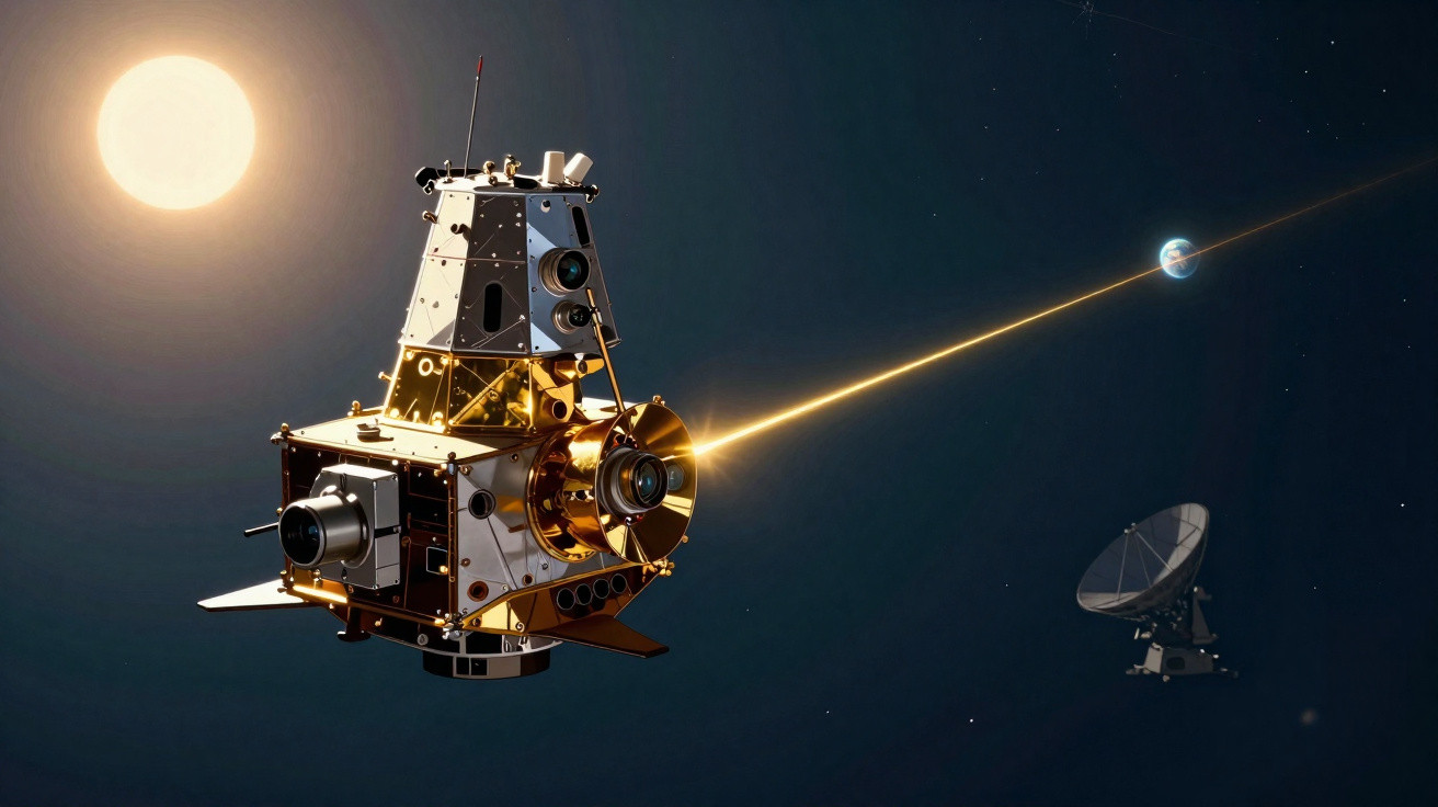Sonda espacial emitindo feixe de luz em direção à Terra no espaço próximo ao Sol com antena parabólica ao fundo.