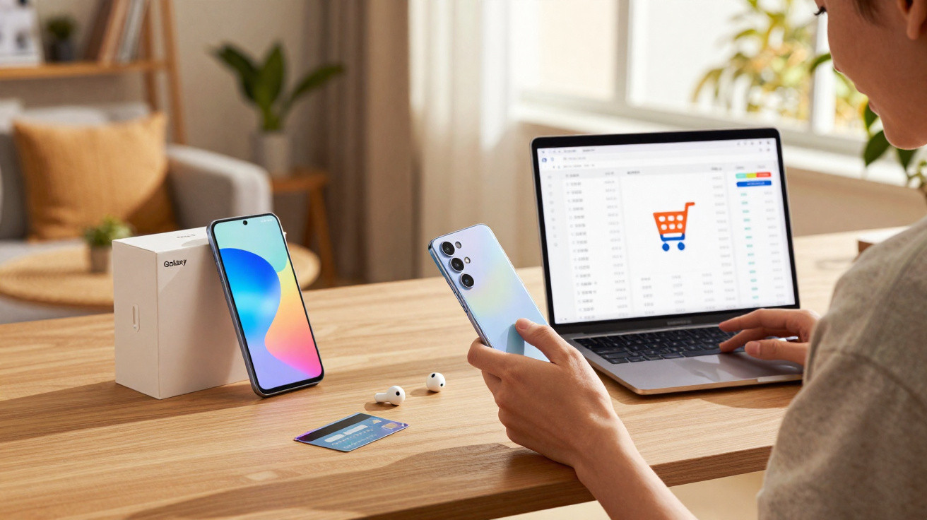 Pessoa segurando smartphone azul em frente a notebook com ícone de carrinho de compras na tela.