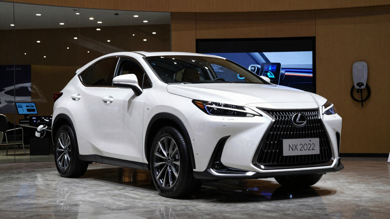 SUV branco Lexus NX 2022 exibido em showroom moderno com parede de madeira ao fundo.