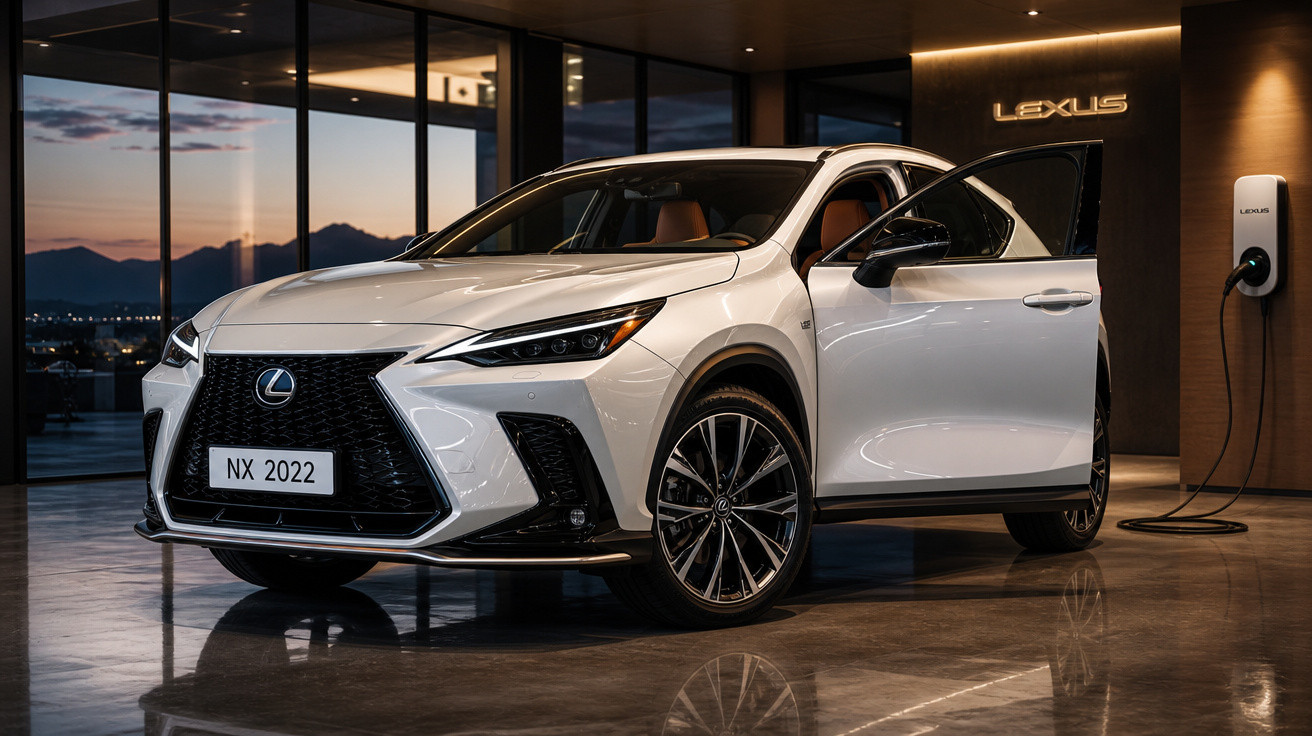 Carro elétrico Lexus NX 2022 branco estacionado em showroom moderno à noite, porta dianteira aberta.