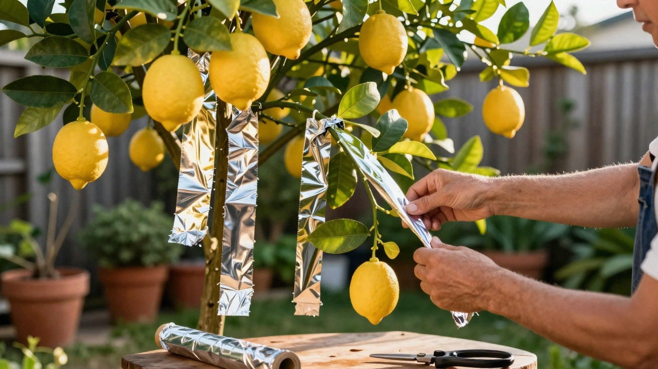 Pessoa pendurando tiras de papel alumínio em um limoeiro com frutas maduras em um jardim.