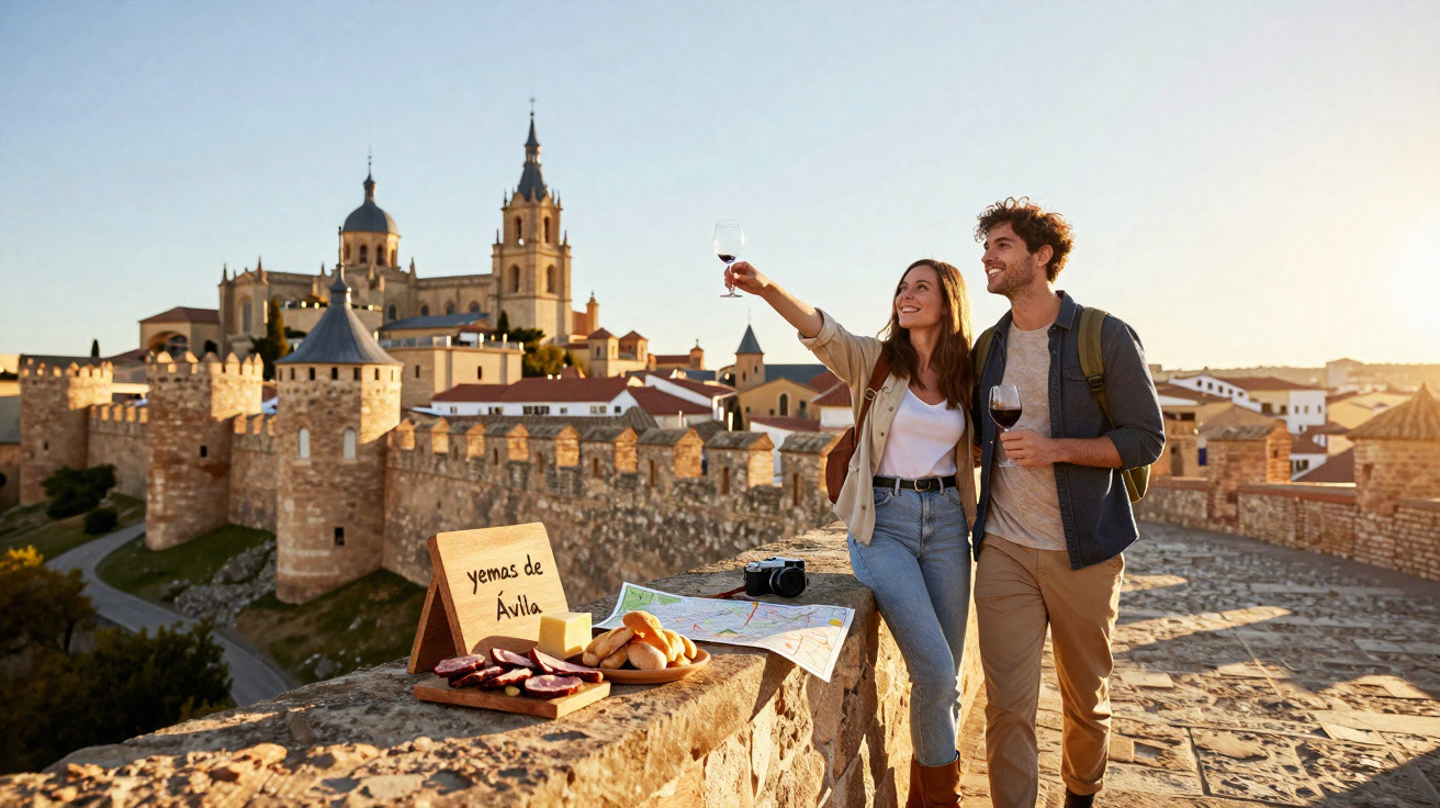 Casal brinda com vinho em muralha histórica de Ávila, Espanha, com tábua de petiscos e mapa.
