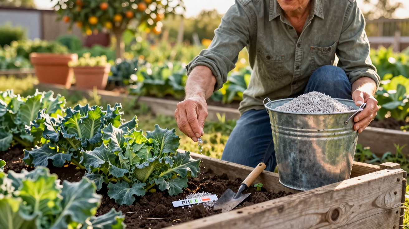 Pessoa aplicando fertilizante em canteiro elevado com plantas de couve em horta ensolarada.