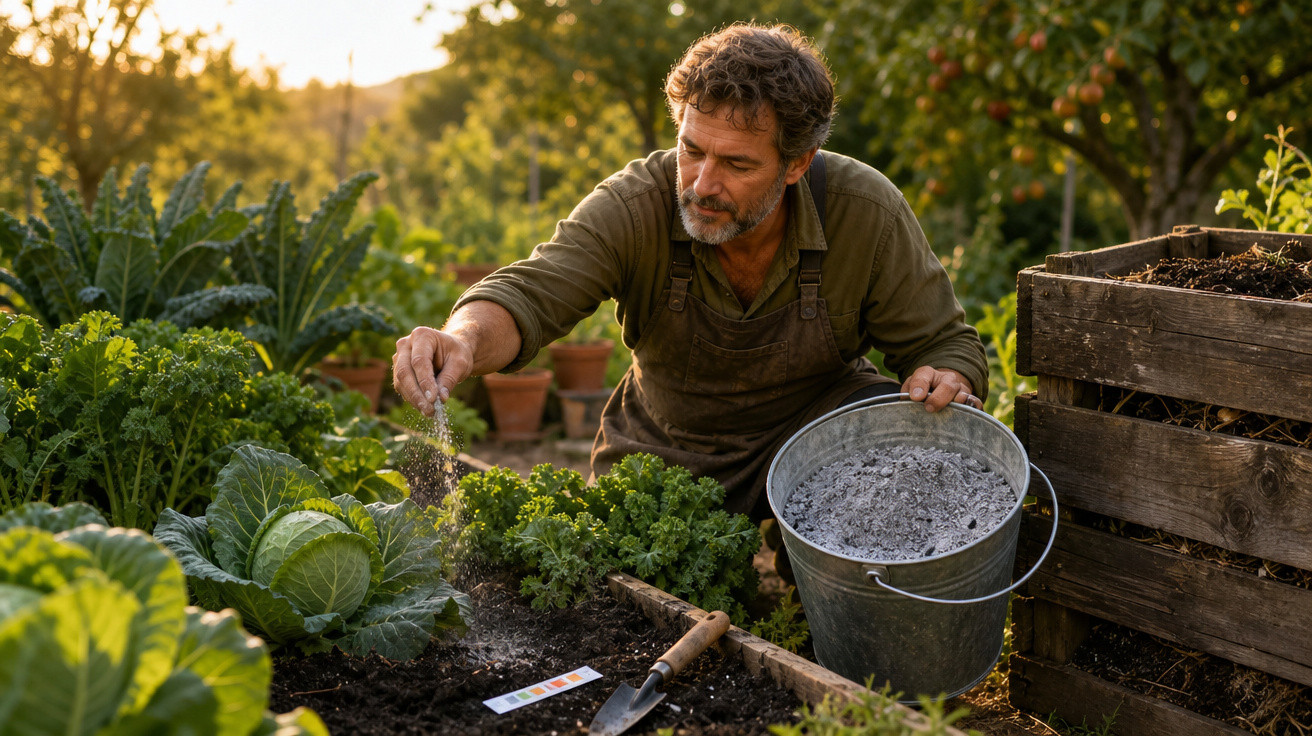 Homem regando plantas com balde no jardim durante o pôr do sol, cercado por vegetação.